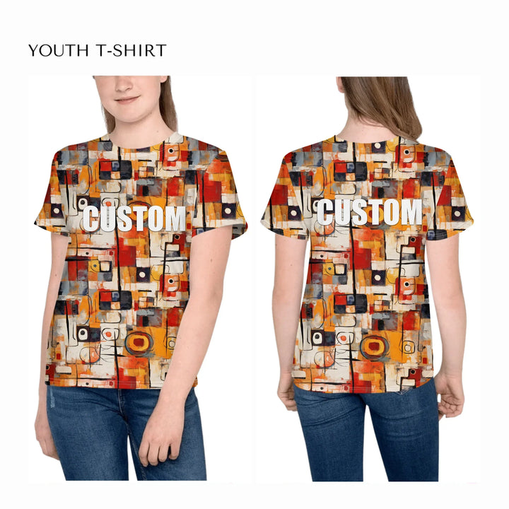 Custom-Expressionist-abstract-all-over-print-unisex-youth-crew-neck-t-shirt-on-girl-front-and-back-artfulane