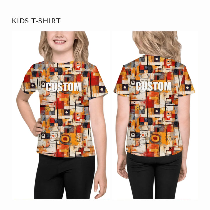 Custom-Expressionist-abstract-all-over-print-unisex-kids-crew-neck-t-shirt-on-model-front-and-back-artfulane