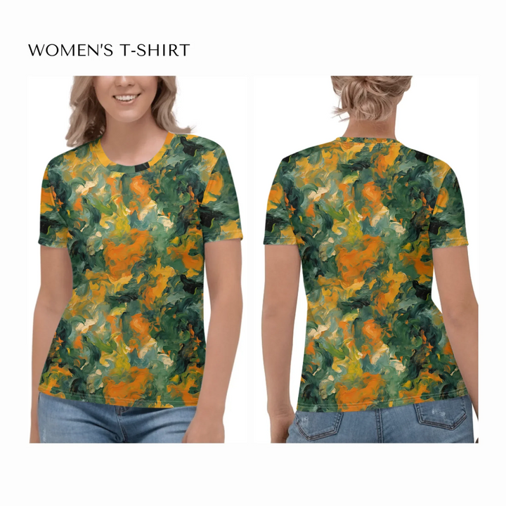 Custom-Expressionist-abstract-all-over-print-womens-crew-neck-t-shirt-on model-front-and-back-artfulane