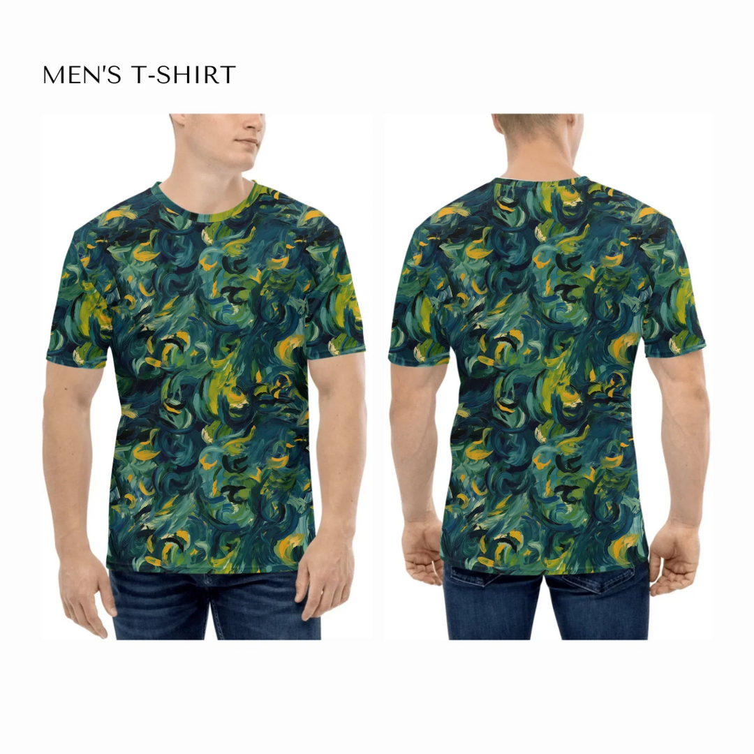 Custom-Expressionist-abstract-all-over-print-mens-crew-neck-t-shirt-on-model-front-and-back-artfulane