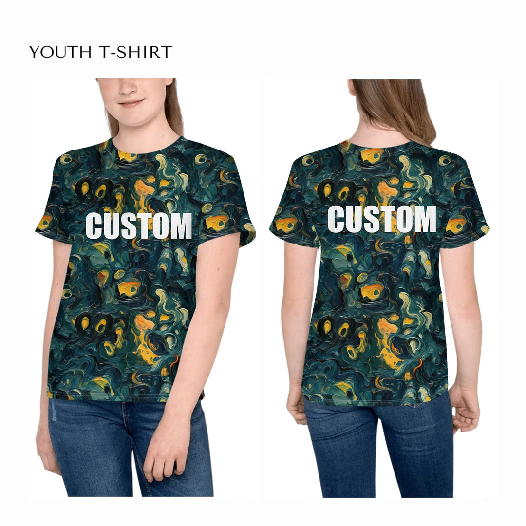 Custom-Expressionist-abstract-all-over-print-unisex-youth-crew-neck-t-shirt-on-girl-front-and-back-artfulane