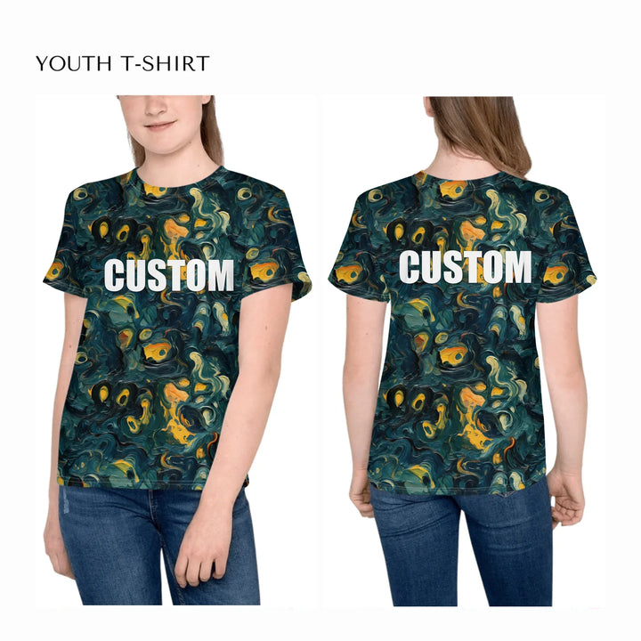 Custom-Expressionist-abstract-all-over-print-unisex-youth-crew-neck-t-shirt-on-girl-front-and-back-artfulane