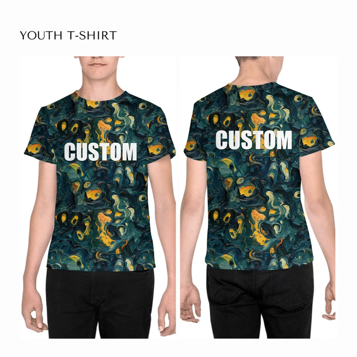 Custom-Expressionist-abstract-all-over-print-unisex-youth-crew-neck-t-shirt-on-boy-front-and-back-artfulane