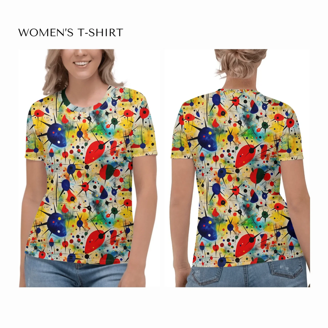 Custom-Expressionist-Abstract-Chaotic-Patterns-all-over-print-womens-crew-neck-t-shirt-on model-front-and-back-artfulane