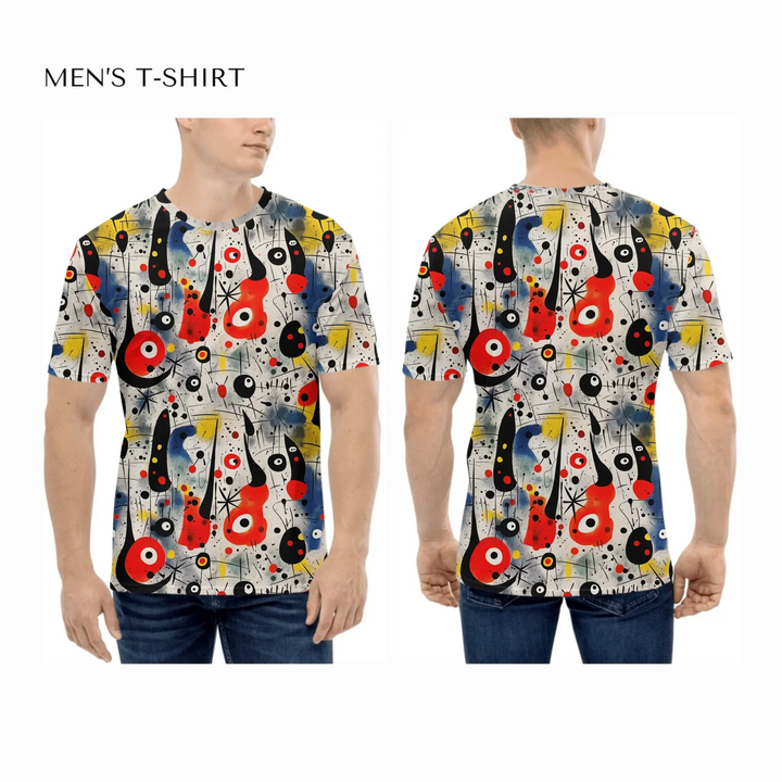 Custom-Expressionist-Abstract-Chaotic-Patterns-all-over-print-mens-crew-neck-t-shirt-on-model-front-and-back-artfulane