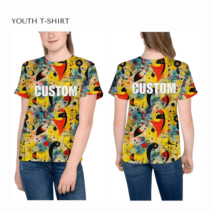 Custom-Expressionist-Abstract-Chaotic-Patterns-all-over-print-unisex-youth-crew-neck-t-shirt-on-girl-front-and-back-artfulane