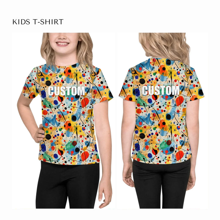 Custom-Expressionist-Abstract-Chaotic-Patterns-all-over-print-unisex-kids-crew-neck-t-shirt-on-model-front-and-back-artfulane