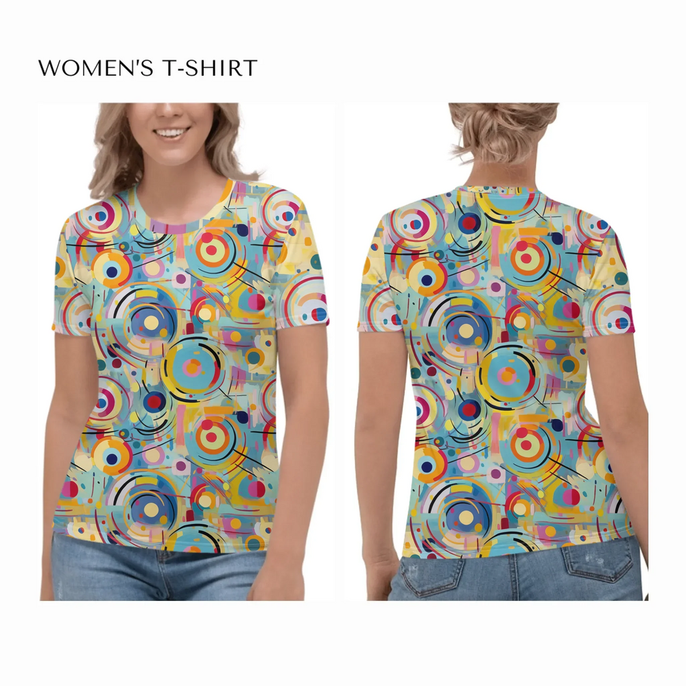 Custom-Expressionist-Abstract-Chaotic-Patterns-all-over-print-womens-crew-neck-t-shirt-on model-front-and-back-artfulane