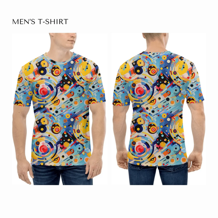 Custom-Expressionist-Abstract-Chaotic-Patterns-all-over-print-mens-crew-neck-t-shirt-on-model-front-and-back-artfulane