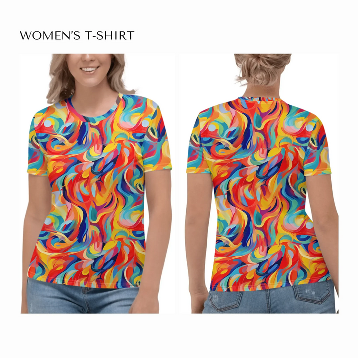 Custom-Abstract-Vibrant-Contrasting-Colors-all-over-print-womens-crew-neck-t-shirt-on model-front-and-back-artfulane