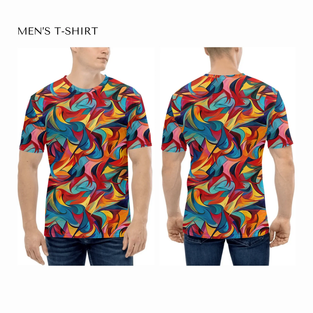 Custom-Abstract-Vibrant-Contrasting-Colors-all-over-print-mens-crew-neck-t-shirt-on-model-front-and-back-artfulane