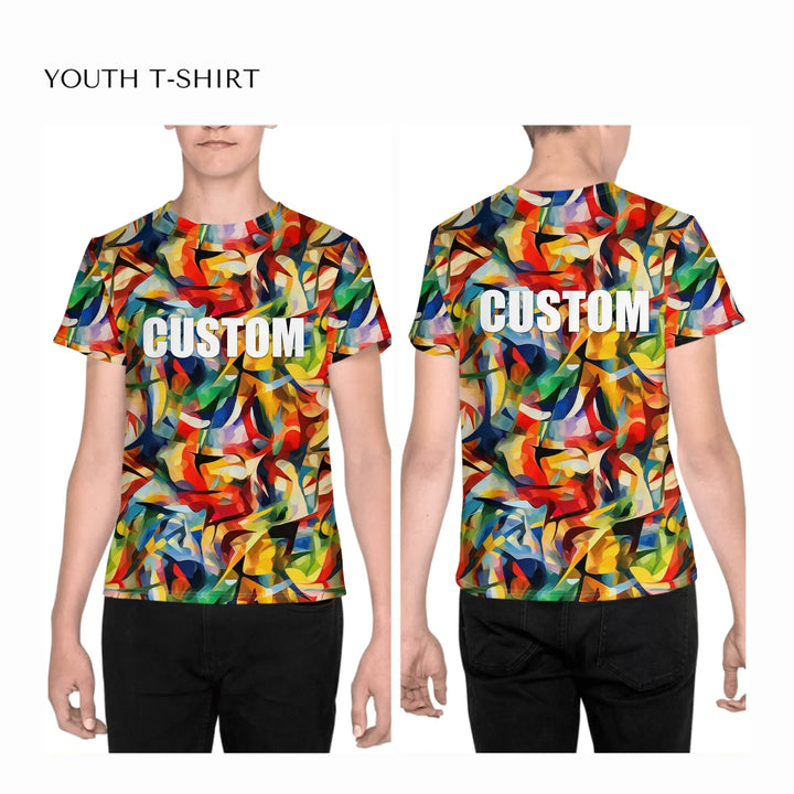 Custom-Abstract-Vibrant-Contrasting-Colors-all-over-print-unisex-youth-crew-neck-t-shirt-on-boy-front-and-back-artfulane