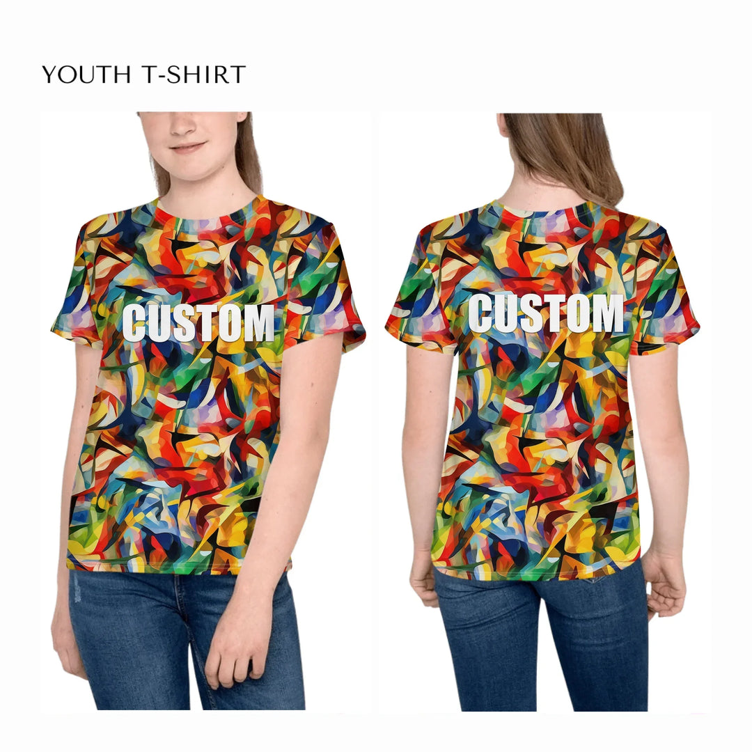 Custom-Abstract-Vibrant-Contrasting-Colors-all-over-print-unisex-youth-crew-neck-t-shirt-on-girl-front-and-back-artfulane