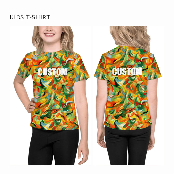Custom-Abstract-Vibrant-Contrasting-Colors-all-over-print-unisex-kids-crew-neck-t-shirt-on-model-front-and-back-artfulane