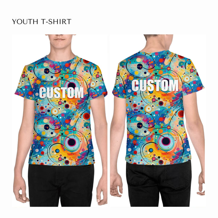 Custom-Expressionist-Abstract-Chaotic-Patterns-all-over-print-unisex-youth-crew-neck-t-shirt-on-boy-front-and-back-artfulane