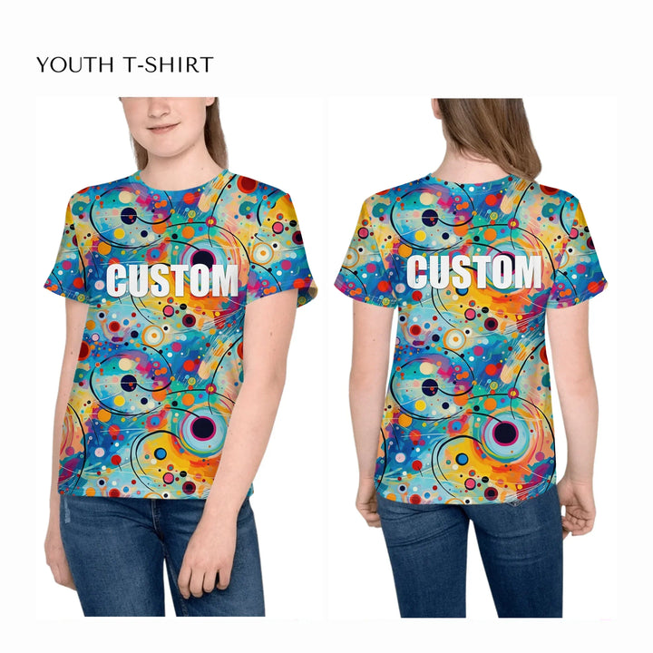 Custom-Expressionist-Abstract-Chaotic-Patterns-all-over-print-unisex-youth-crew-neck-t-shirt-on-girl-front-and-back-artfulane