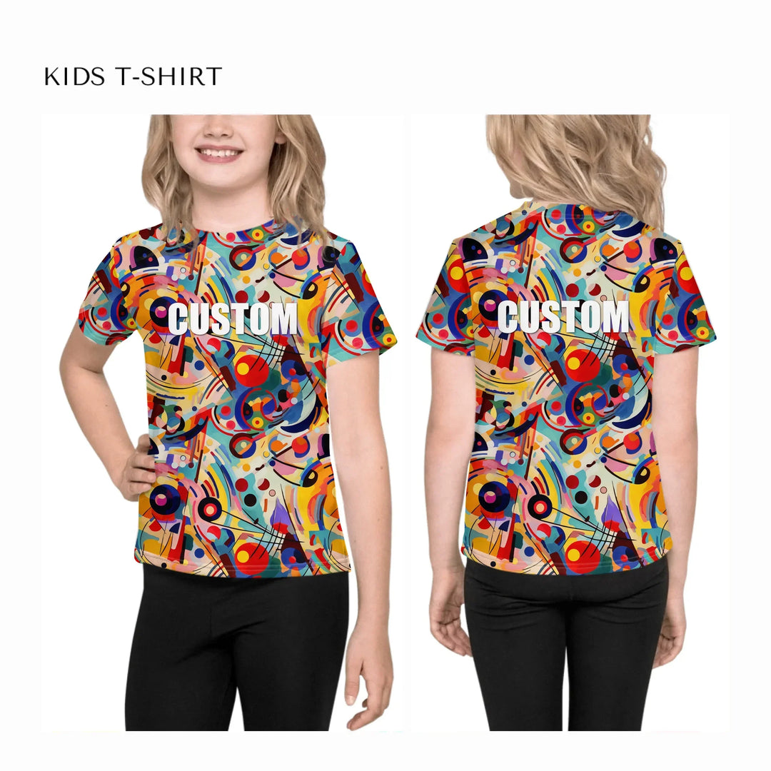 Custom-Expressionist-Abstract-Chaotic-Patterns-all-over-print-unisex-kids-crew-neck-t-shirt-on-model-front-and-back-artfulane