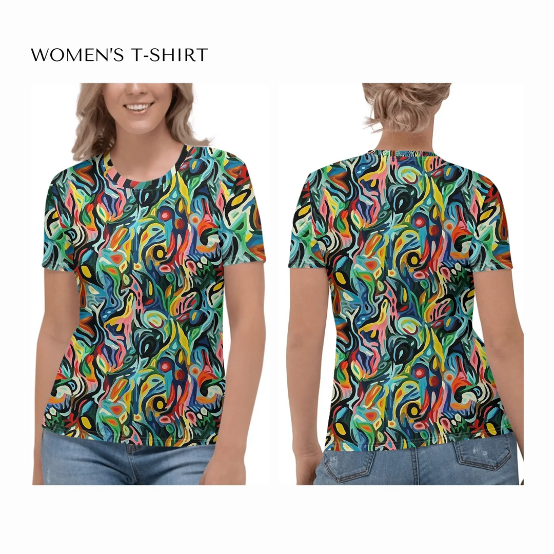 Custom-Abstract-Vibrant-Contrasting-Colors-all-over-print-womens-crew-neck-t-shirt-on model-front-and-back-artfulane