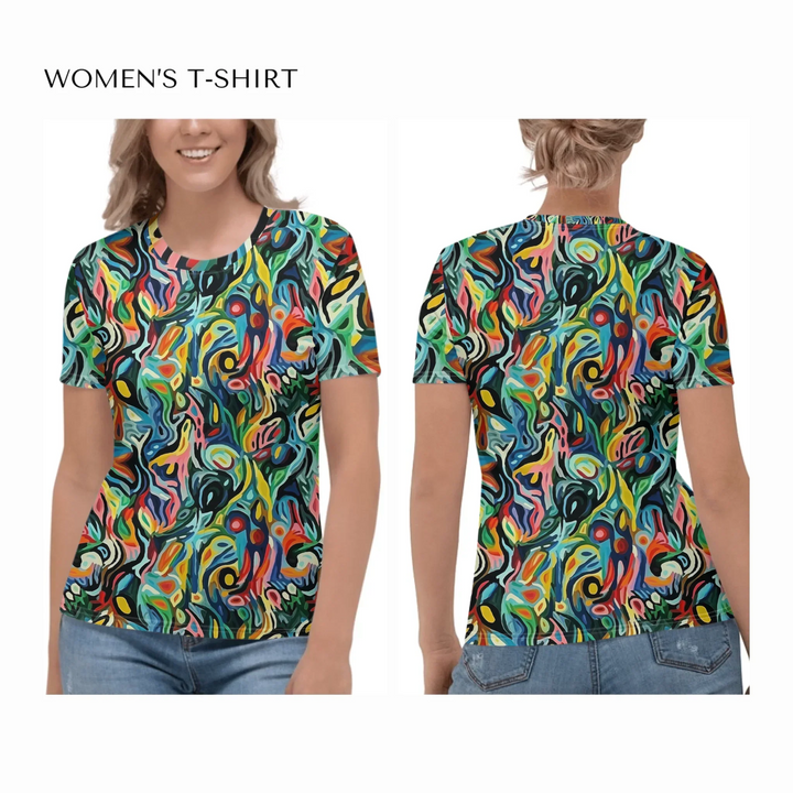 Custom-Abstract-Vibrant-Contrasting-Colors-all-over-print-womens-crew-neck-t-shirt-on model-front-and-back-artfulane