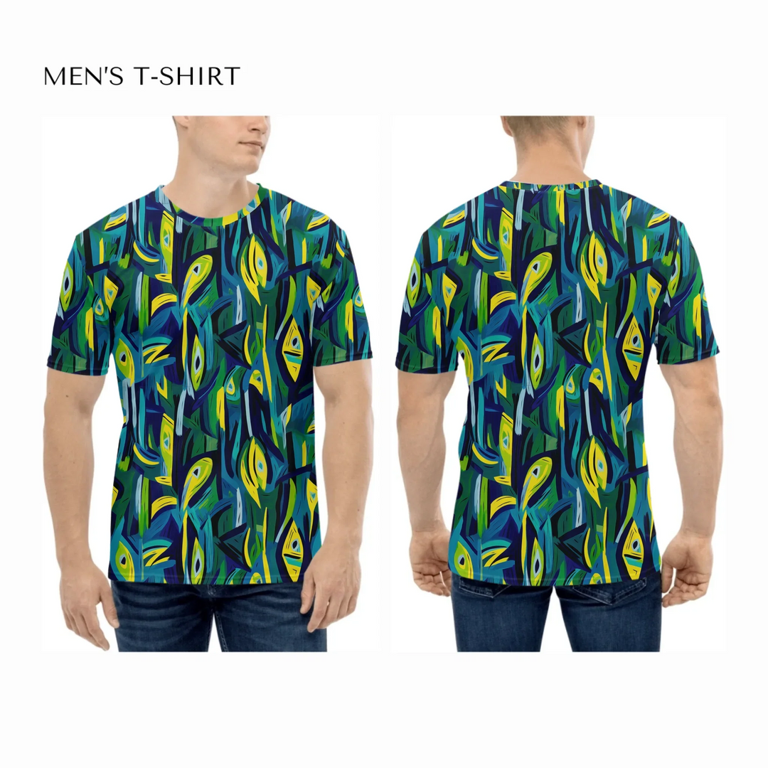 Custom-Abstract-Vibrant-Contrasting-Colors-all-over-print-mens-crew-neck-t-shirt-on-model-front-and-back-artfulane