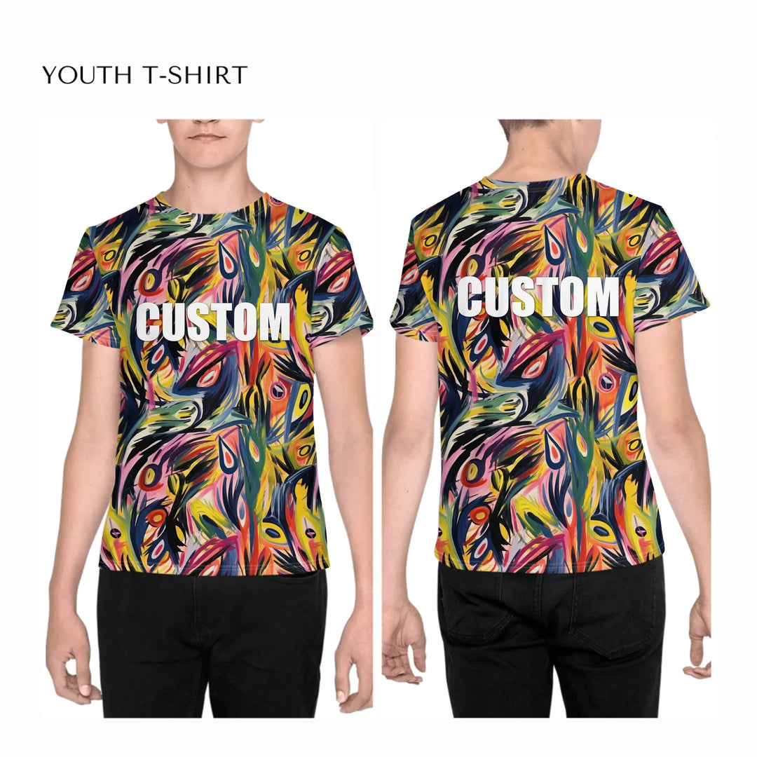 Custom-Abstract-Vibrant-Contrasting-Colors-all-over-print-unisex-youth-crew-neck-t-shirt-on-boy-front-and-back-artfulane