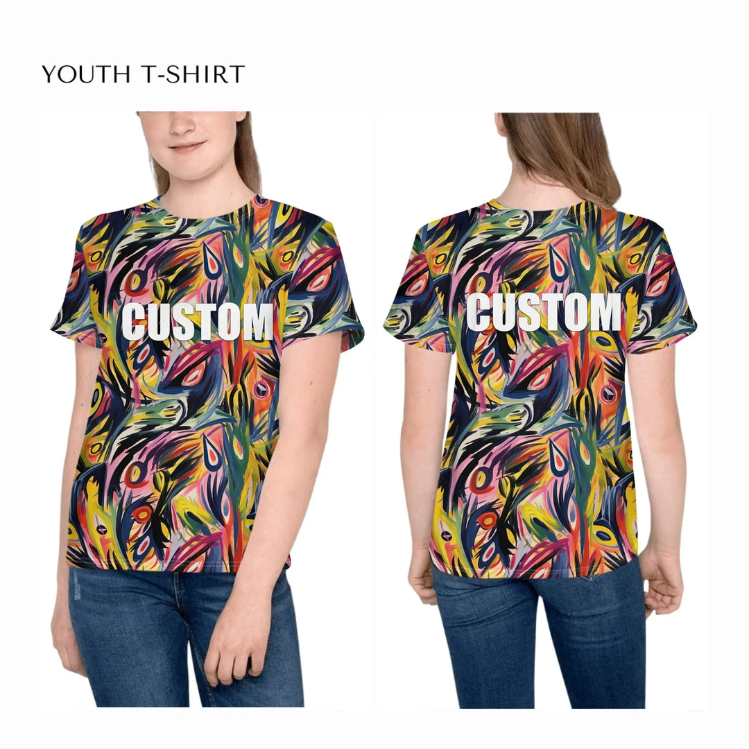 Custom-Abstract-Vibrant-Contrasting-Colors-all-over-print-unisex-youth-crew-neck-t-shirt-on-girl-front-and-back-artfulane