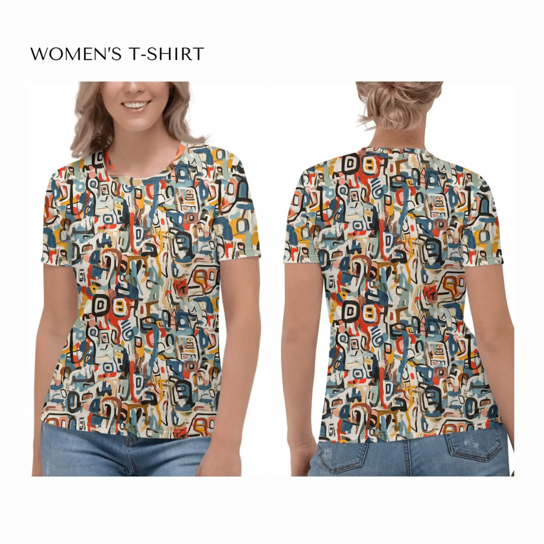 Custom-Abstract-Layered-Textures-all-over-print-womens-crew-neck-t-shirt-on model-front-and-back-artfulane