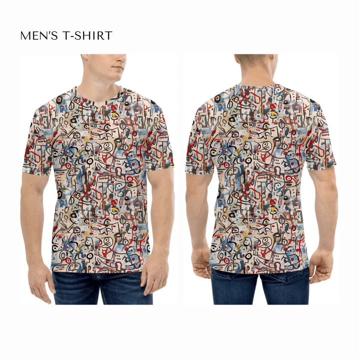 Custom-Abstract-Layered-Textures-all-over-print-mens-crew-neck-t-shirt-on-model-front-and-back-artfulane