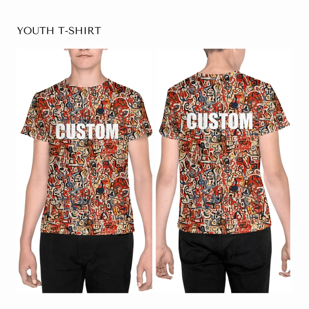 Custom-Abstract-Layered-Textures-all-over-print-unisex-youth-crew-neck-t-shirt-on-boy-front-and-back-artfulane