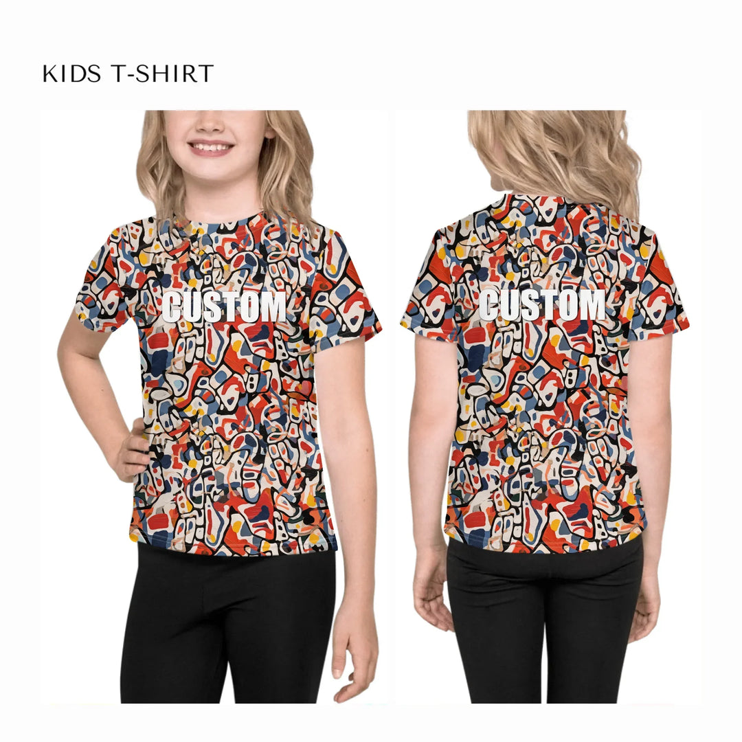 Custom-Abstract-Layered-Textures-all-over-print-unisex-kids-crew-neck-t-shirt-on-model-front-and-back-artfulane