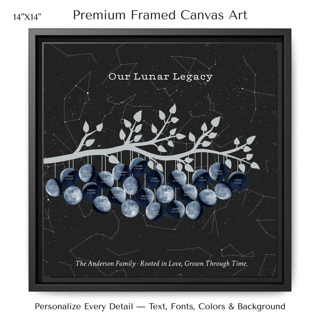 Custom Blue Moon Phase Family Tree Branch Wall Art -14x14 framed canvas-ARTFULANE