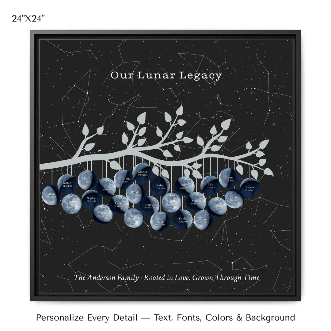 Custom Blue Moon Phase Family Tree Branch Wall Art -24x24 framed canvas-ARTFULANE