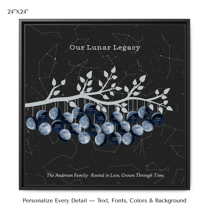 Custom Blue Moon Phase Family Tree Branch Wall Art -24x24 framed canvas-ARTFULANE