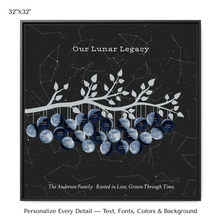 Custom Blue Moon Phase Family Tree Branch Wall Art -32x32 framed canvas-ARTFULANE