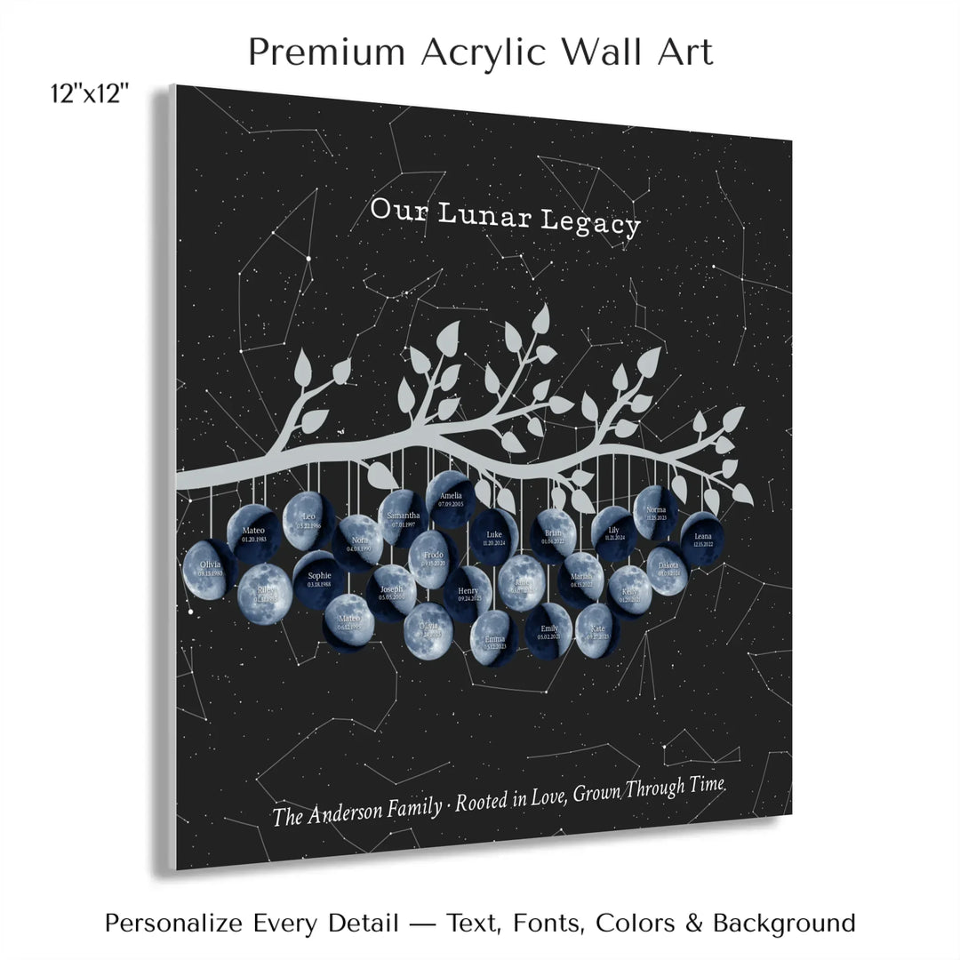 Custom Blue Moon Phase Family Tree Branch Wall Art -12x12 acrylic print with french cleat-ARTFULANE