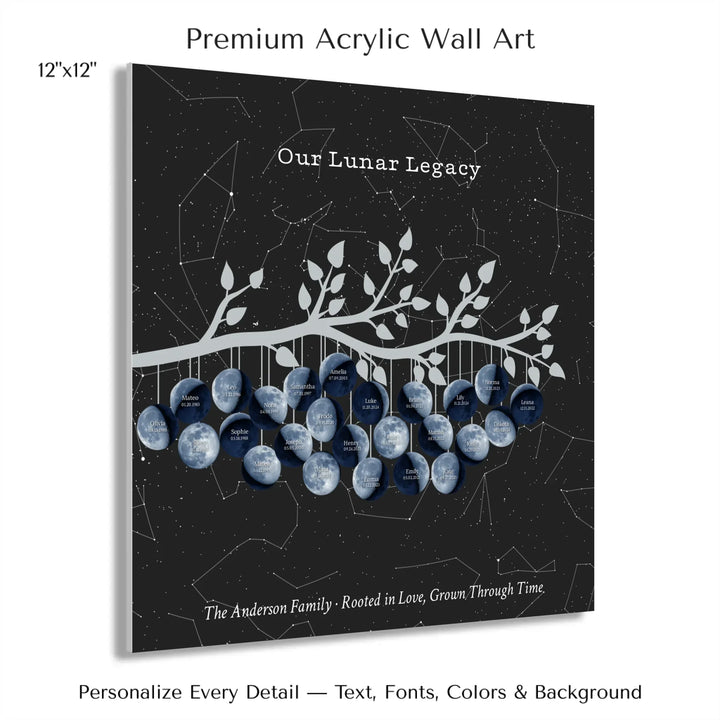 Custom Blue Moon Phase Family Tree Branch Wall Art -12x12 acrylic print with french cleat-ARTFULANE