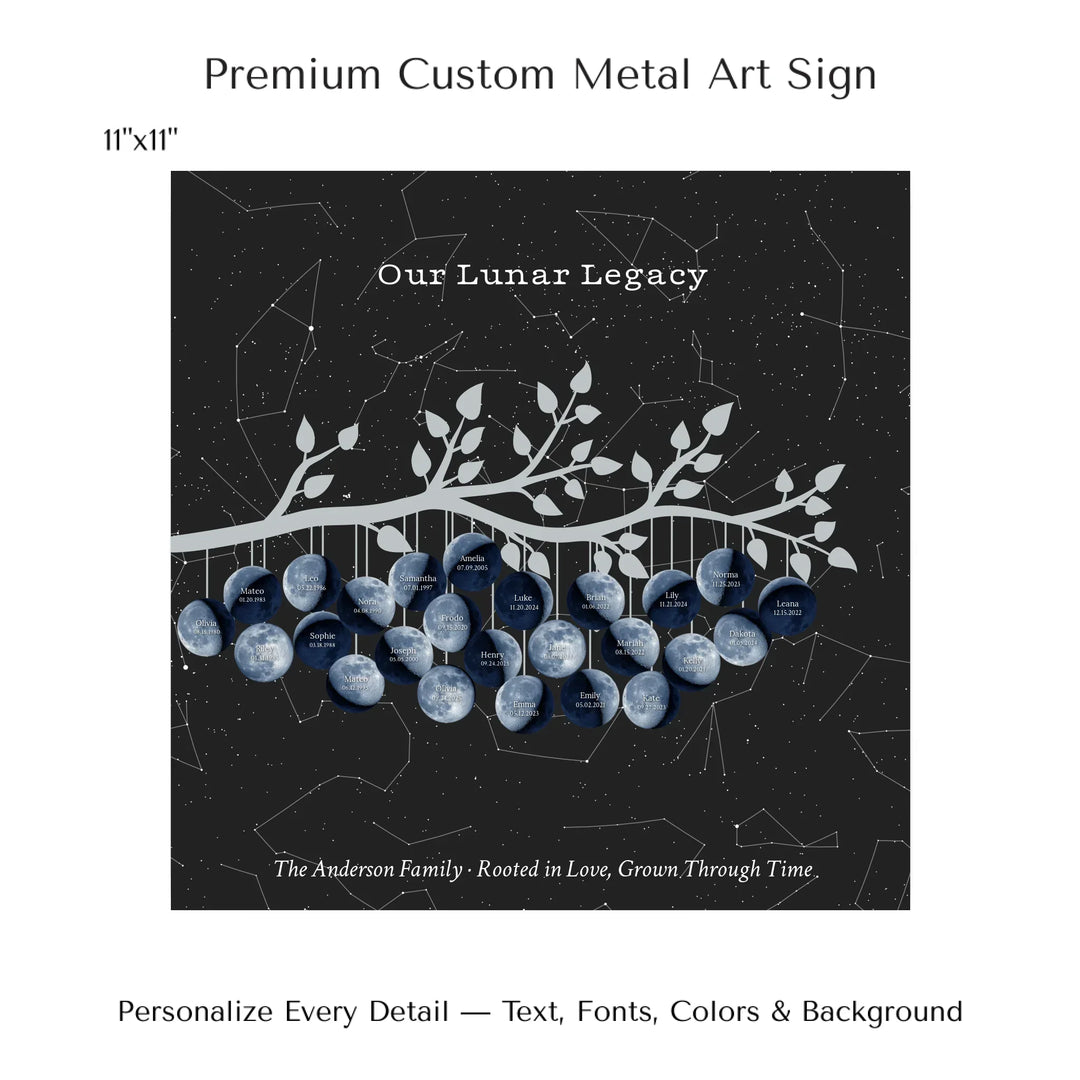 Custom Blue Moon Phase Family Tree Branch Wall Art -11x11 metal art sign-ARTFULANE