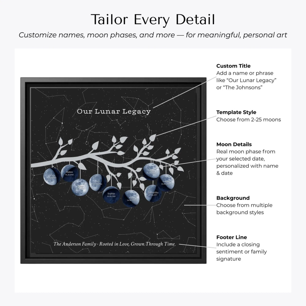 Custom Blue Moon Phase Family Tree Branch Wall Art -Customization Options-ARTFULANE