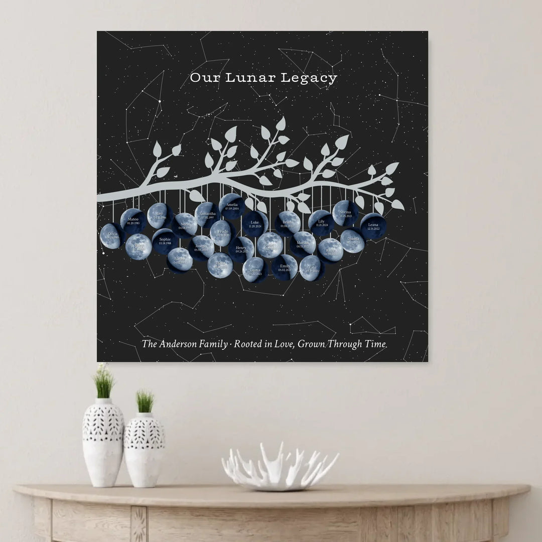 Custom Blue Moon Phase Family Tree Branch Wall Art - unframed canvas on wall-ARTFULANE