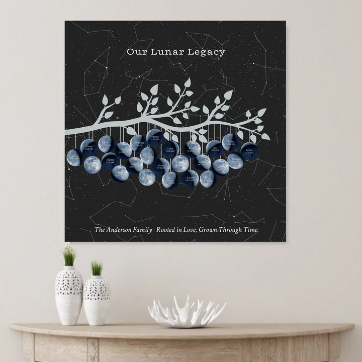Custom Blue Moon Phase Family Tree Branch Wall Art - unframed canvas on wall-ARTFULANE