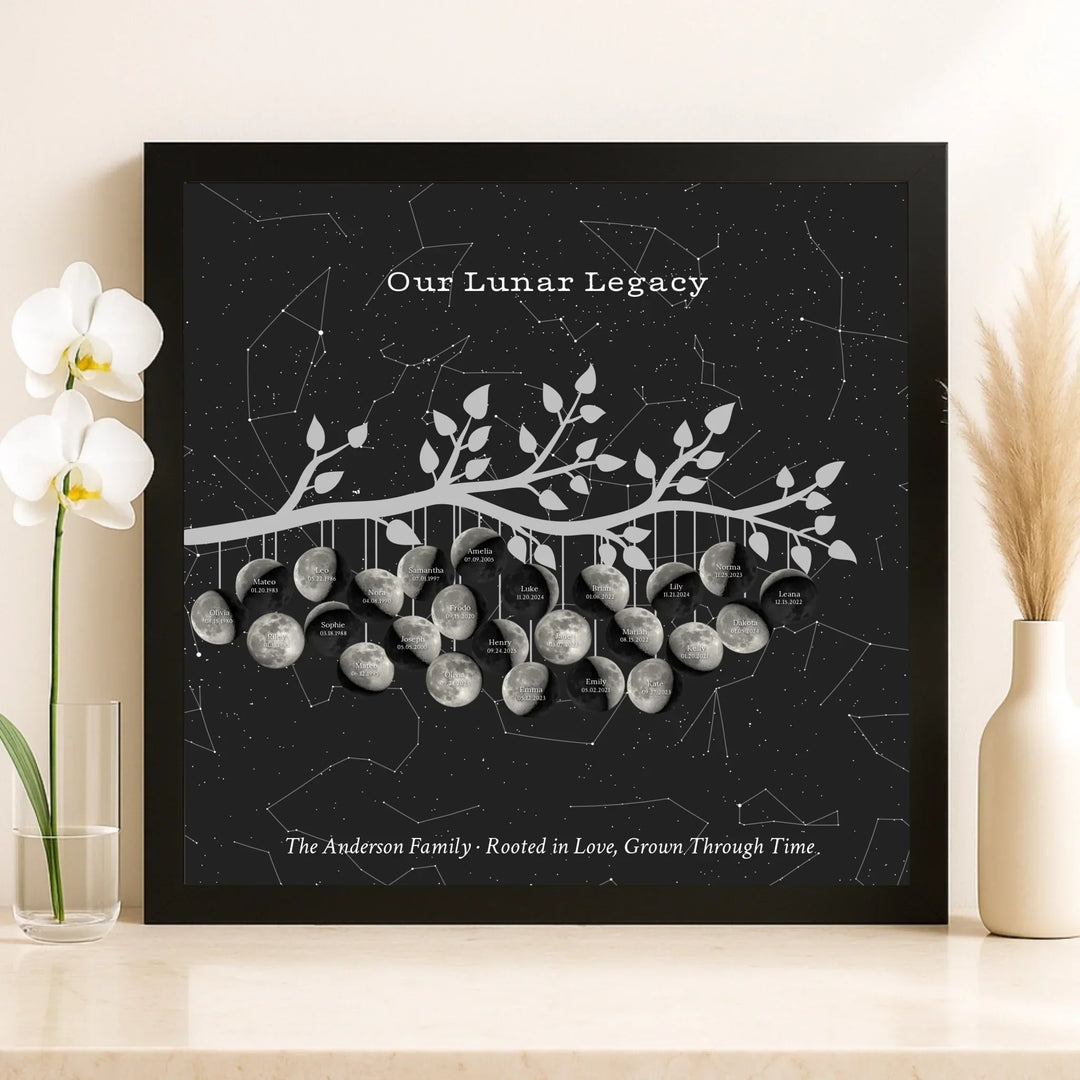 Custom Silver Moon Phase Family Tree Branch Wall Art -framed canvas on shelf-ARTFULANE