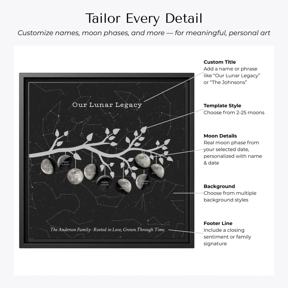 Custom Silver Moon Phase Family Tree Branch Wall Art -Customization Options-ARTFULANE