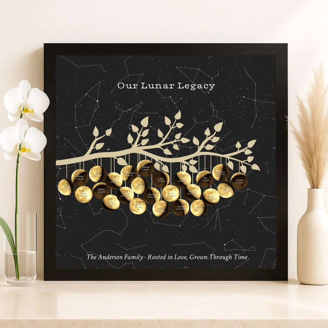Custom Golden Moon Phase Family Tree Branch Wall Art -framed canvas on shelf-ARTFULANE