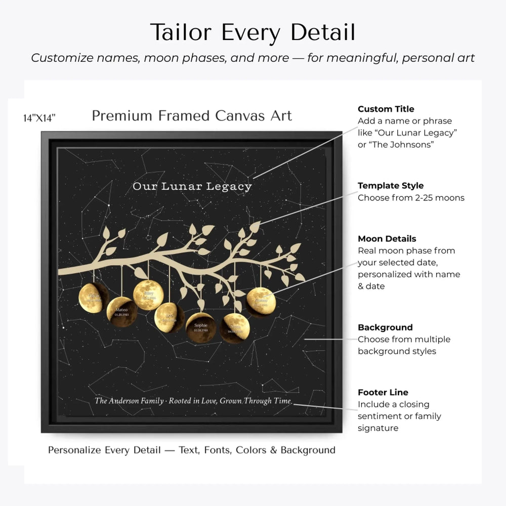 Custom Golden Moon Phase Family Tree Branch Wall Art - Customization Options-ARTFULANE
