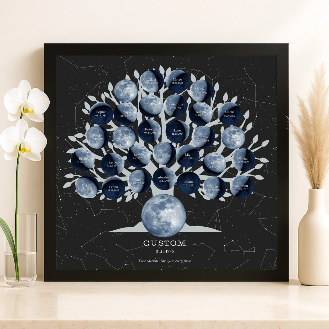 Custom Blue Moon Phase Family Tree Wall Art - framed canvas on shelf-ARTFULANE