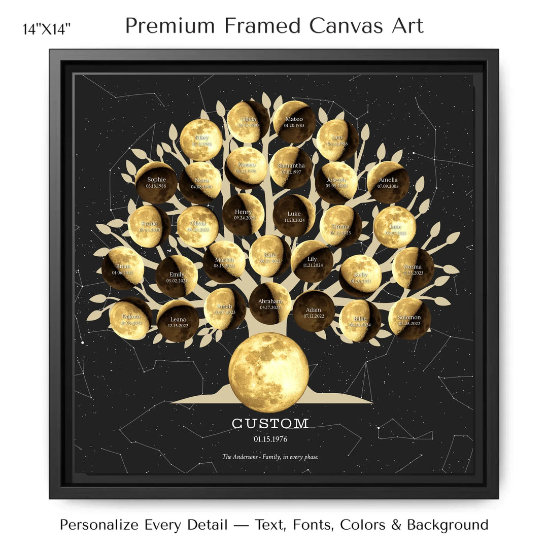 Custom Golden Moon Phase Family Tree Wall Art - 14x14 framed canvas-ARTFULANE
