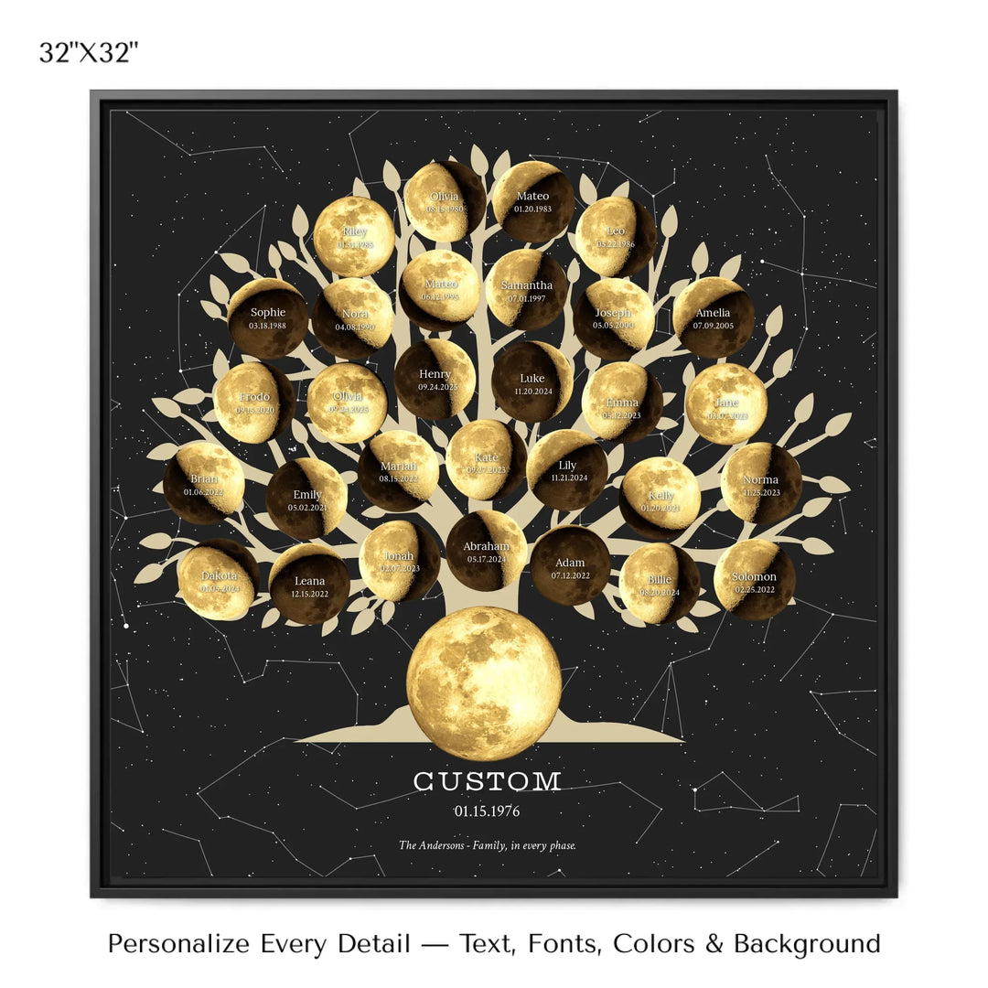 Custom Golden Moon Phase Family Tree Wall Art - 32x32 framed canvas-ARTFULANE