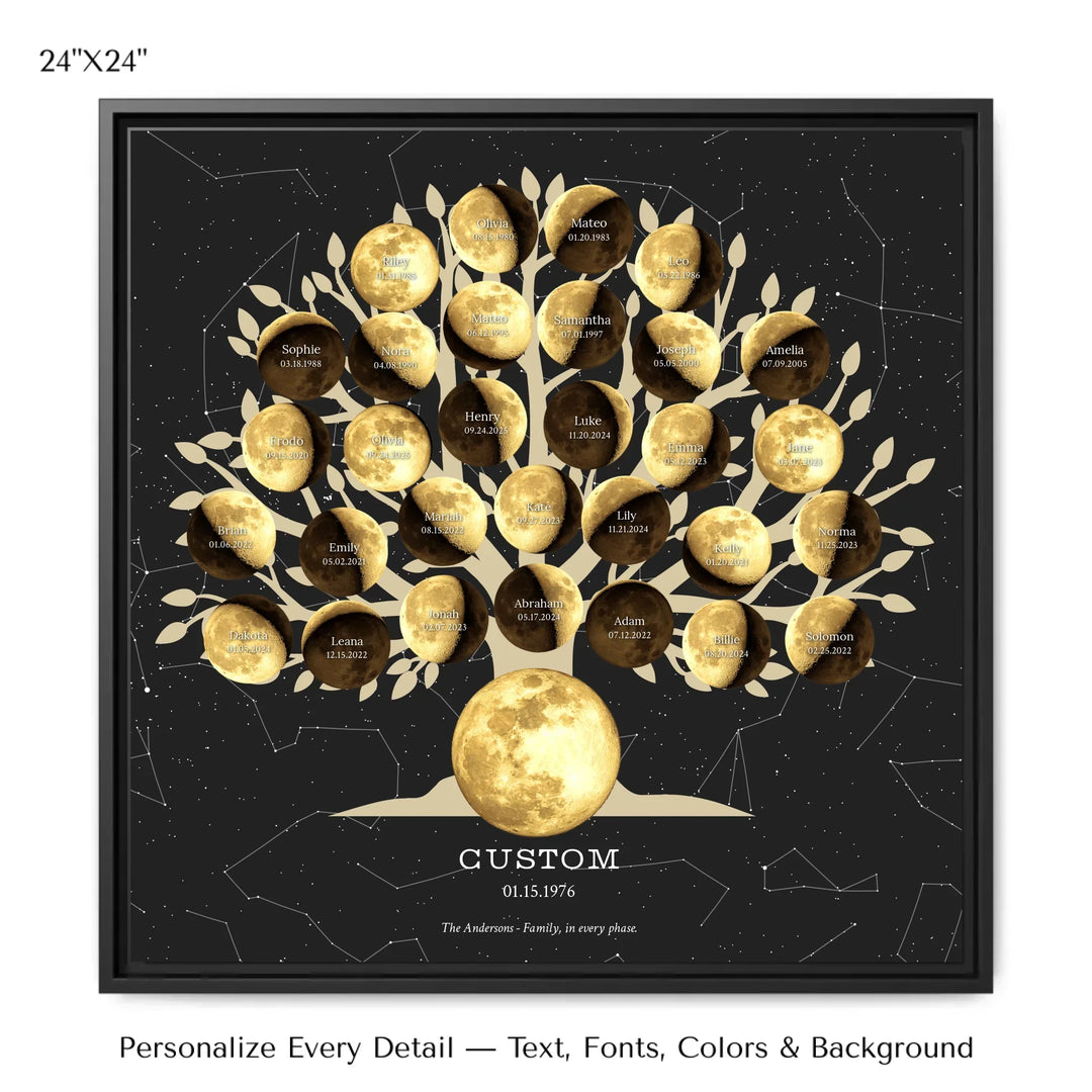 Custom Golden Moon Phase Family Tree Wall Art - 24x24 framed canvas-ARTFULANE