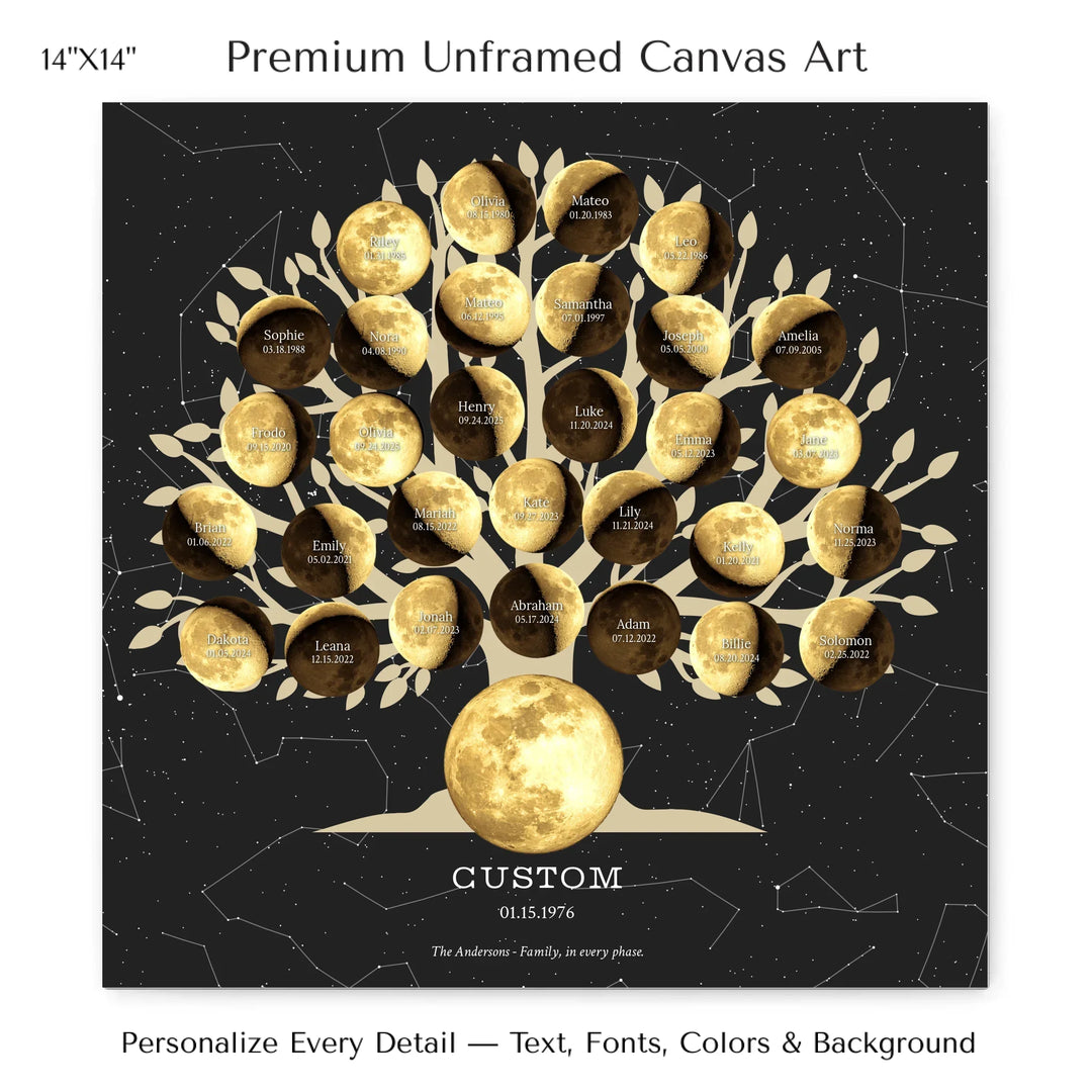 Custom Golden Moon Phase Family Tree Wall Art - 14x14 stretched canvas-ARTFULANE