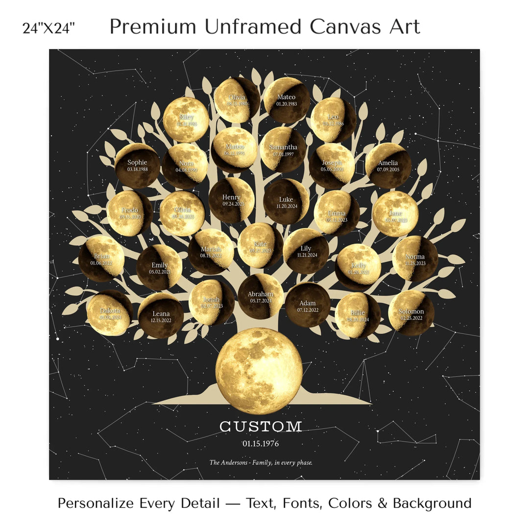 Custom Golden Moon Phase Family Tree Wall Art - 24x24 stretched canvas-ARTFULANE